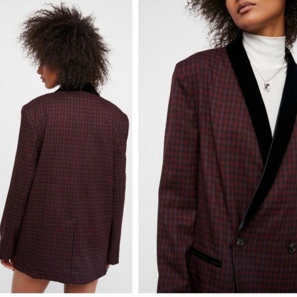 Free People oversized plaid velvet trim blazer size Large - Picture 2 of 11